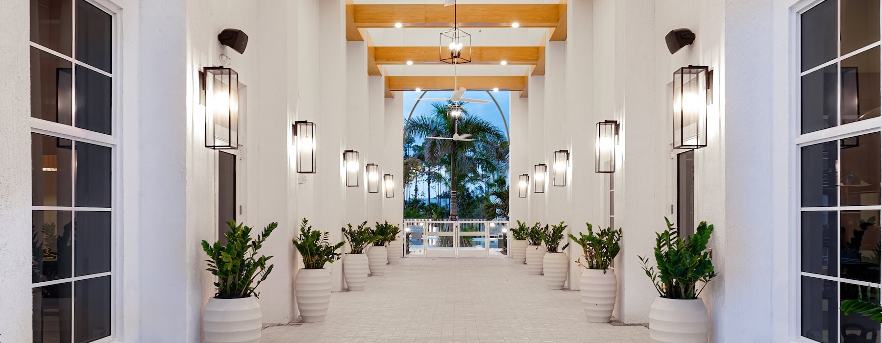 a hallway with windows and plants