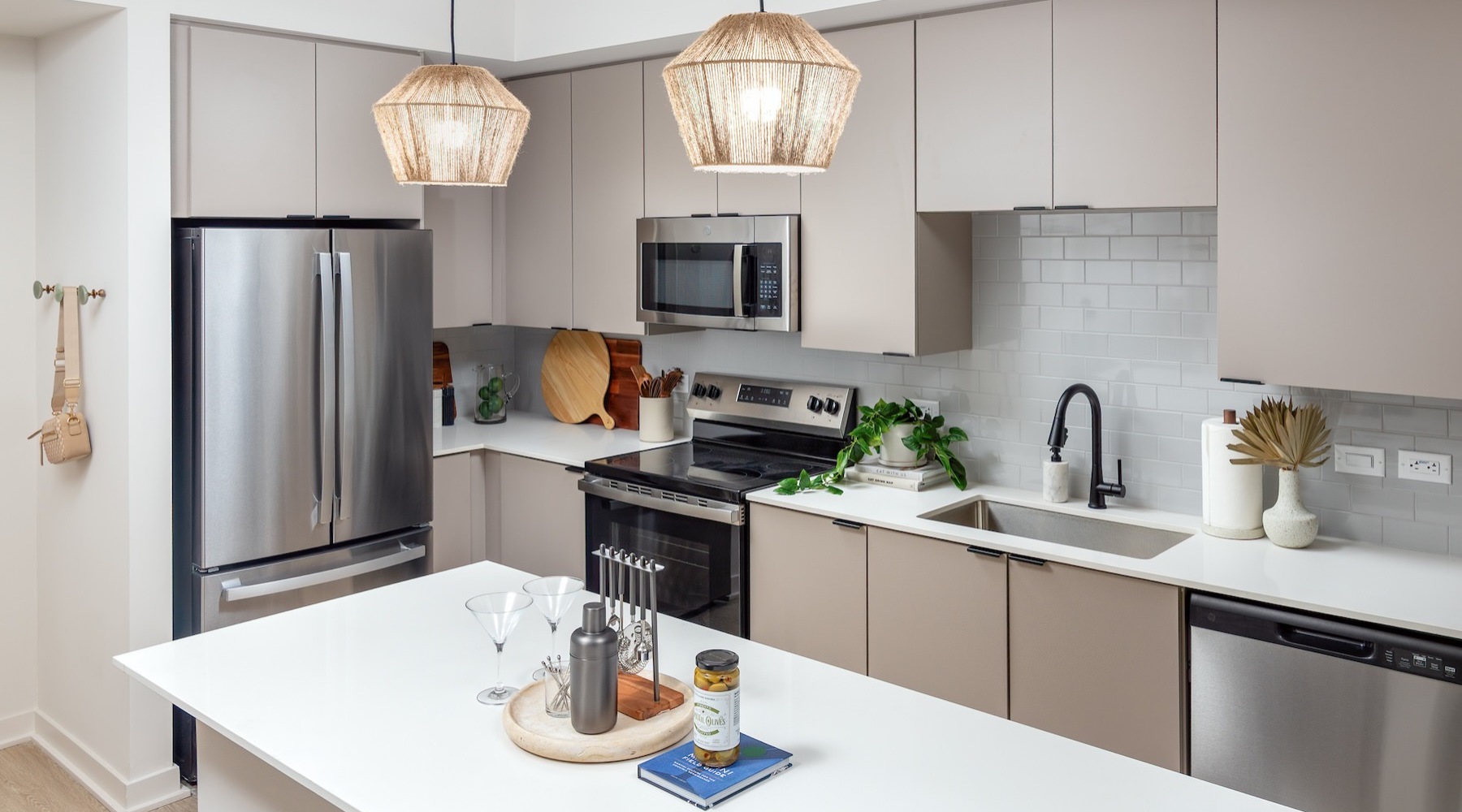 a kitchen with wood cabinets